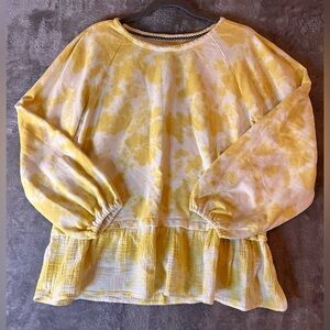 Yellow Tie-Dye Ruffle Hem Women's Sweatshirt 100% Cotton Size Medium